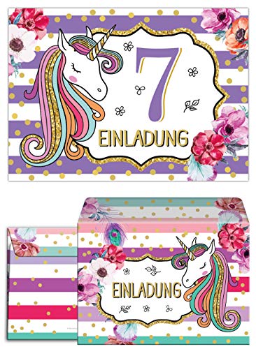 Junaversum 12 Einladungskarten incl. 12 Umschläge zum 7. Kindergeburtstag Mädchen Einhorn Unicorn Einladungen zum siebten Geburtstag siebte von Junaversum