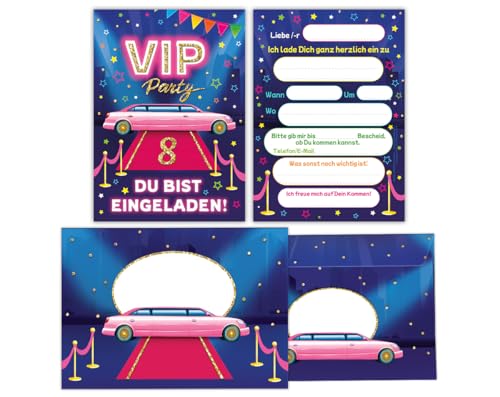 Junaversum 12 Einladungskarten incl. 12 Umschläge zum 8. Kindergeburtstag Mädchen VIP Disco Mädchengeburtstag Einladungen achte Geburtstag Kinder von Junaversum