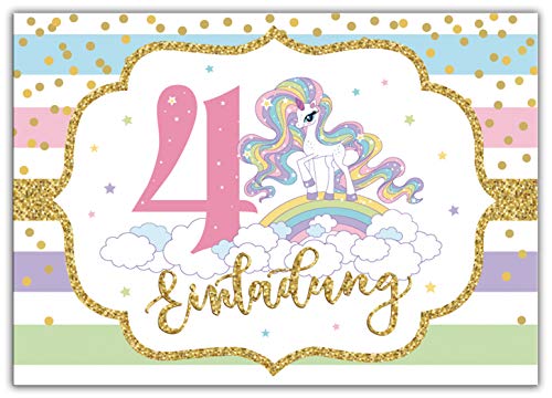 Junaversum 12 Einladungskarten zum 4. Kindergeburtstag Mädchen Einhorn Regenbogen Einladungen vierte Geburtstag von Junaversum