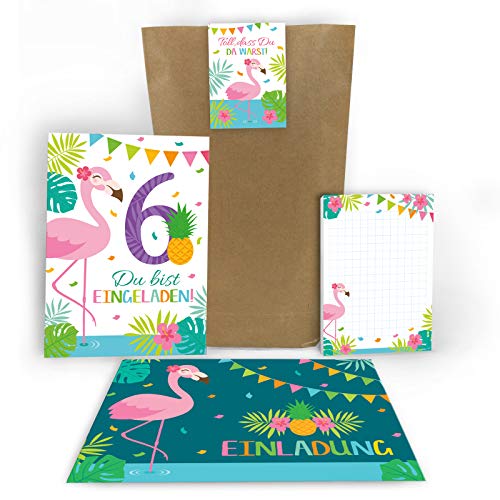 Junaversum 12 Einladungskarten zum 6. Geburtstag Kinder fünfte Kindergeburtstag Mädchen Flamingo incl. 12 Umschläge, 12 Tüten, 12 Aufkleber, 12 Blöcke von Junaversum