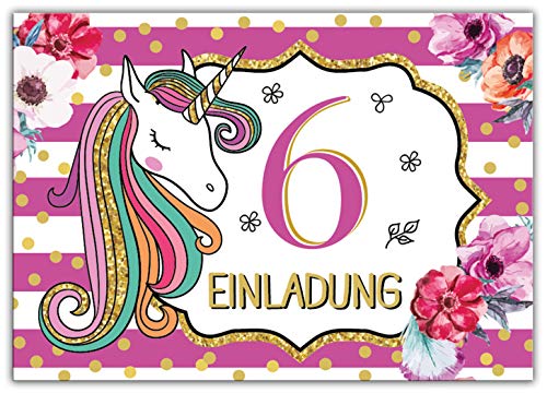 Junaversum 12 Einladungskarten zum 6. Kindergeburtstag Mädchen Einhorn Unicorn Einladungen zum sechsten Geburtstag sechste von Junaversum