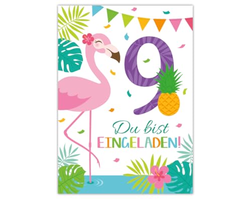 Junaversum 12 Einladungskarten zum 9. Geburtstag Kinder neunte Kindergeburtstag Mädchen Flamingo von Junaversum