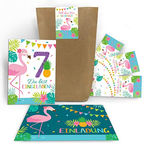 Junaversum 8 Einladungskarten zum 7. Geburtstag Kinder siebte Kindergeburtstag Mädchen Flamingo incl. 8 Umschläge, 8 Tüten, 8 Aufkleber von Junaversum