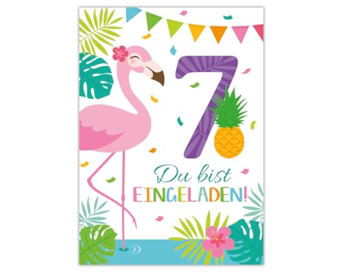 Junaversum 8 Einladungskarten zum 7. Geburtstag Kinder siebte Kindergeburtstag Mädchen Flamingo von Junaversum