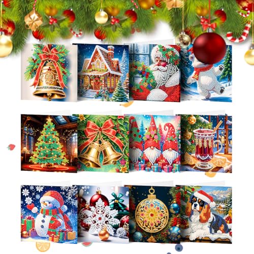 Junerain 12 Packs DIY Diamond Art Weihnachtskarten Sets für Erwachsene Kinder, Kristall Weihnachtsbaum Schneemann Diamant Painting Grußkarten Dankeskarten Geschenke für Familienfreunde von Junerain