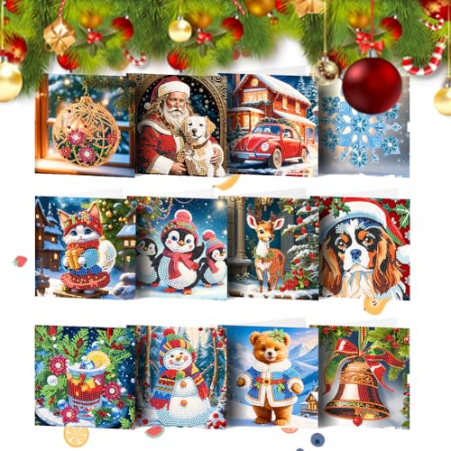 Junerain 12 Packs DIY Diamond Art Weihnachtskarten Sets für Erwachsene Kinder, Kristall Weihnachtsbaum Schneemann Diamant Painting Grußkarten Dankeskarten Geschenke für Familienfreunde von Junerain