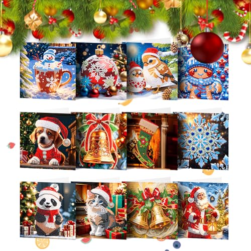 Junerain 12 Packs DIY Diamond Art Weihnachtskarten Sets für Erwachsene Kinder, Kristall Weihnachtsbaum Schneemann Diamant Painting Grußkarten Dankeskarten Geschenke für Familienfreunde von Junerain