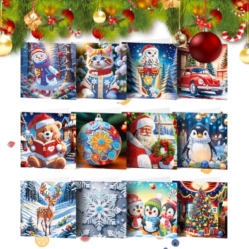 Junerain 12 Packs DIY Diamond Art Weihnachtskarten Sets für Erwachsene Kinder, Kristall Weihnachtsbaum Schneemann Diamant Painting Grußkarten Dankeskarten Geschenke für Familienfreunde von Junerain