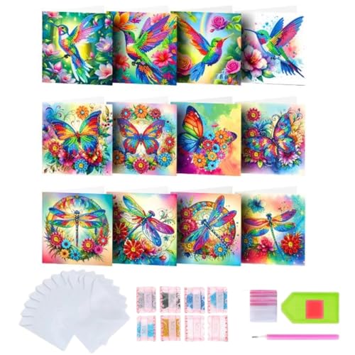 Junerain 12 Stück DIY Diamond Art Painting Grußkarten Kolibri 5D Strass Gemäldekarten Set Geburtstagskarten Schmetterlings Grußkarte für Urlaub Partygeschenke von Junerain