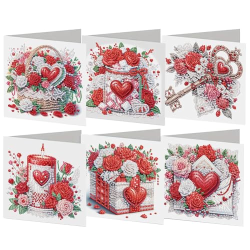 Junerain 6pcs DIY Kartenset zum Valentinstag mit Diamantkunstmalerei 5D Liebesherz Grußkarten mit Umschlägen handgemachte Bastelmaterialien for den Valentinstag und Partygeschenke von Junerain