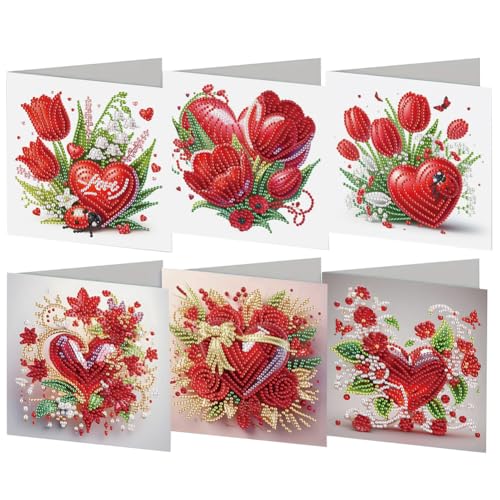 Junerain 6pcs DIY Kartenset zum Valentinstag mit Diamantkunstmalerei 5D Liebesherz Grußkarten mit Umschlägen handgemachte Bastelmaterialien for den Valentinstag und Partygeschenke von Junerain