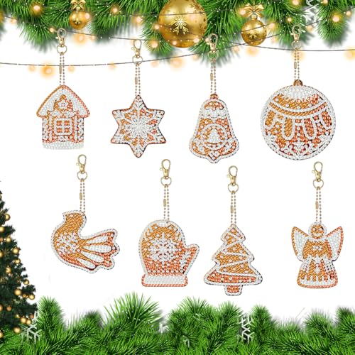 Junerain 8 Stück Weihnachts Diamond Art Schlüsselanhänger, handgefertigter Diamant Painting Weihnachtsschmuck für Kinder Erwachsene DIY Weihnachtshandwerk Anhänger Weihnachtsbaumkugeln von Junerain