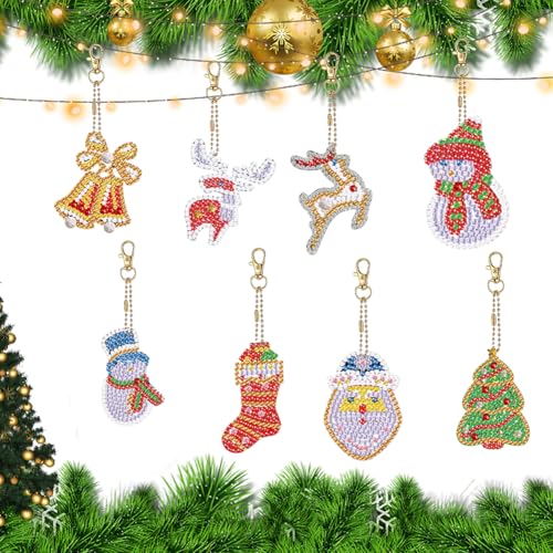 Junerain 8 Stück Weihnachts Diamond Art Schlüsselanhänger, handgefertigter Diamant Painting Weihnachtsschmuck für Kinder Erwachsene DIY Weihnachtshandwerk Anhänger Weihnachtsbaumkugeln von Junerain