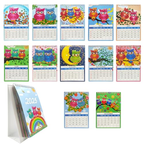 Junerain DIY Diamond Art Eulenkalender 2025 Freistehend Interessante DIY Diamond Art Painting Kits Papierkalender mit To Do Liste Ornamenten monatlicher Flip Tischkalender von Junerain