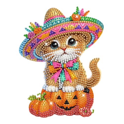 Junerain DIY Diamond Art Painting Halloween Dekor Kürbis und Katzen Schaukel Ornamente für Auto, 5D Halloween Tiere Diamant Painting Tischdekor für Heim und Bürodekoration von Junerain