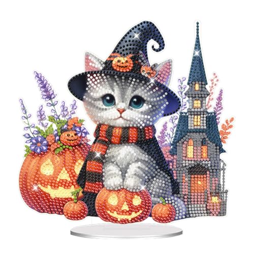 Junerain DIY Diamond Art Painting Halloween Dekoration Kürbis Kätzchen Tischdekor, 5D Halloween Kürbis Diamant Painting Tischdekoration für Heim Bürodekoration von Junerain