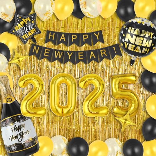 Silvester Party Supplies 2025-2025 Happy New Year Dekorationen Schwarz Gold mit 2025 Folienballon, Happy New Year Banner, Latexballon und Goldfolienvorhang Hintergrund von Junhartt