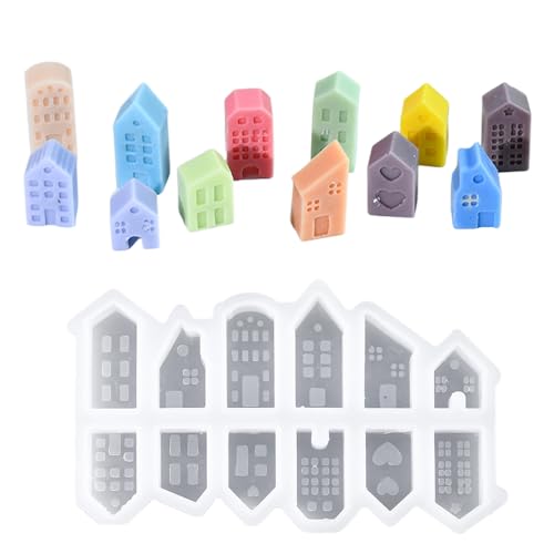 Junhui Weihnachten Silikonformen Gießformen Häuser, 12pcs Mini Haus Kerzenformen Silikonform, 3D Kerzenformen Weihnachten, DIY Haus Gießform Haus Gips Zum Gießen Giessformen von Junhui