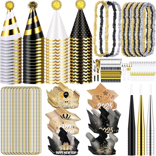 Junkin 360-teiliges Silvester-Partyzubehör 2024 Party-Set, Silvester-Partyzubehör, inklusive schwarz-goldener Zylinderhüte, Stirnbänder, blasender Drache, Perlenkette, Trompetenkranz für Neujahrsparty von Junkin