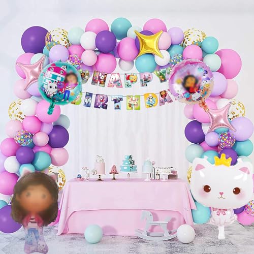 Junyaoii137pcs Gabby Birthday Decoration, Dollhouse Birthday Decoration, Gabbys Foil Balloons, Latex Balloons, Happy Birthday Banner, Children's Birthday Decoration von Junyaoii