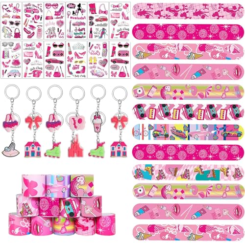 Hot Pink Prinzessin Party Gefälligkeiten, Rosa Prinzessin Party Supplies, rosa Mädchen Geburtstagsgeschenke 12Pcs temporäre Tattoos, 12Pcs rosa Mädchen Slap Armbänder, 12Pcs rosa Schlüsselanhänger von Junyaoii