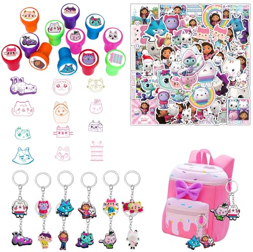 Junyaoii 74 Piece Dollhouse party favors, include 12 Dollhouse Stamps,12 Dollhouse keychain pendants and Pack of 50 Stickers , for birthday, Gift Bag Filler, Classroom Prizes von Junyaoii