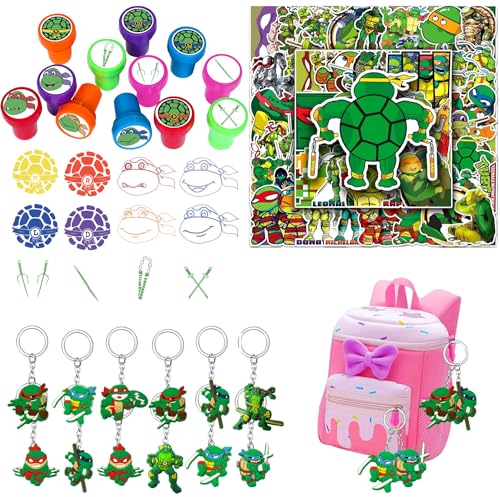 Junyaoii 74 Piece Cartoon turtle party favors, include 12 Cartoon turtle Stamps,12 keychain pendants and Pack of 50 Stickers , for birthday, Gift Bag Filler, Classroom Prizes von Junyaoii