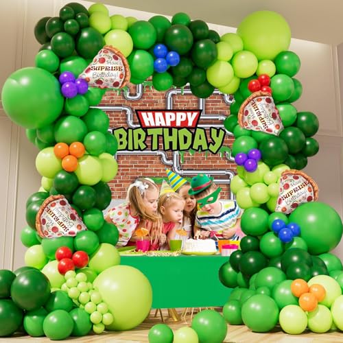 ninja turtle Geburtstag Party Supplies 152pcs Grüne Schildkröte Ballon Girland Bogen Kit mit Pizza Folie Mylar Ballon für Cartoon Schildkröte Pizza Videospiel Geburtstag Baby Dusche Dekorationen von Junyaoii