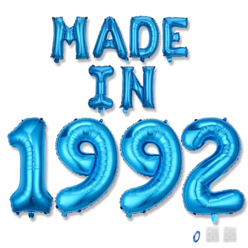 Jurxy Geburtstag Deko Frauen Mann 33 Jahr Geburtstagdeko Ballons MADE IN 1992 Luftballons Blau Folienballons Luftballons Happy Birthday Banner von Jurxy