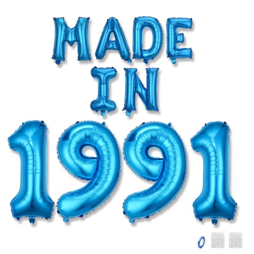 Jurxy Geburtstag Deko Frauen Mann 34 Jahr Geburtstagdeko Ballons MADE IN 1991 Luftballons Blau Folienballons Luftballons Happy Birthday Banner von Jurxy