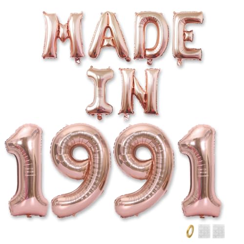 Jurxy Geburtstag Deko Frauen Mann 34 Jahr Geburtstagdeko Ballons MADE IN 1991 Luftballons Roségold Folienballons Luftballons Happy Birthday Banner von Jurxy