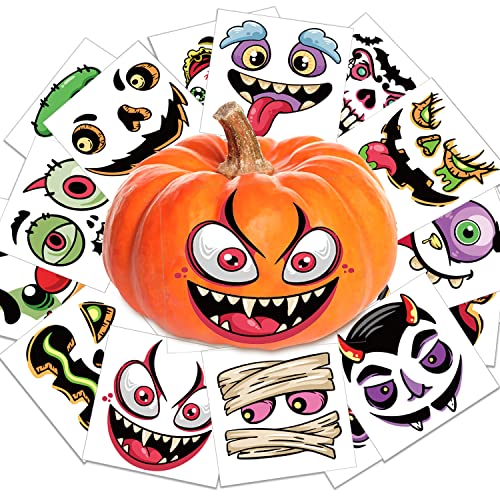 Jusduit Halloween Kürbis Deko, Halloween Basteln Kinder,16 Verschiedene Gesichter Halloween Kürbis Aufkleber,Halloween Bastelset Kürbis Gesicht Sticker für Halloween Party Dekoration(16 Blatt) von Jusduit