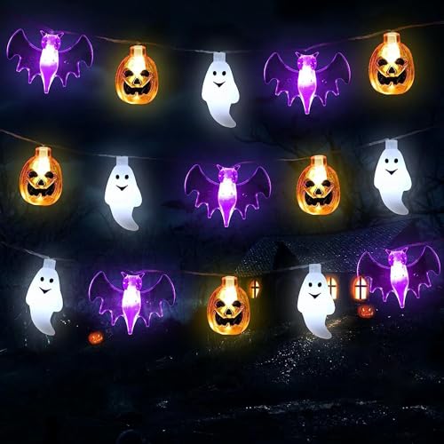 Jusduit Halloween Lichterkette, Halloween Deko Lichterkette Batteriebetrieben 3M 20LED Lichterkette mit Orangefarbene Kürbisse Lila Fledermäuse Weiße Geister für Halloween Party Garten Weihnachtsdeko von Jusduit