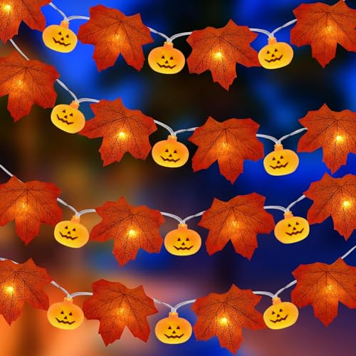 Jusduit Halloween Lichterkette, Herbst Lichterkette 3M 20LED Halloween Deko Kürbis Lichterkette Batteriebetrieben Ahornblatt Licht Geeignet für Halloween Party Deko Garten Herbstdeko Weihnachtsdeko von Jusduit