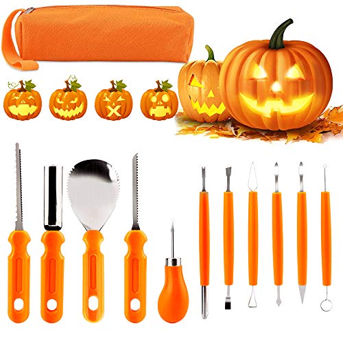 Jusduit Kürbis Schnitzset, 11 Stück Halloween Kürbis Schnitzwerkzeug,Edelstahl Kürbis Carving Set DIY Dekoration mit Tragetasche für Halloween Dekoration Erwachsene und Kinder von Jusduit