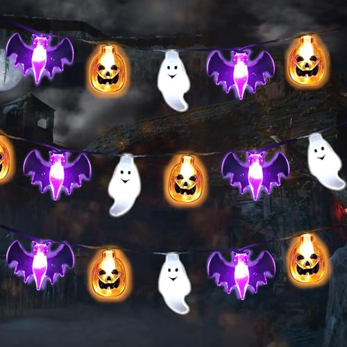 Jusduit Lichterkette Halloween Deko Garten, Halloween Deko Lichterkette Batteriebetrieben 3M 20LED Lichterkette Fledermäuse Kürbisse Geister Lichterkette für Halloween Party Garten Weihnachtsdeko von Jusduit