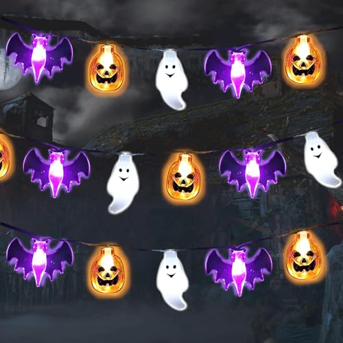 Jusduit Lichterkette Halloween Deko Garten, Halloween Deko Lichterkette Batteriebetrieben 3M 20LED Lichterkette Fledermäuse Kürbisse Geister Lichterkette für Halloween Party Garten Weihnachtsdeko von Jusduit