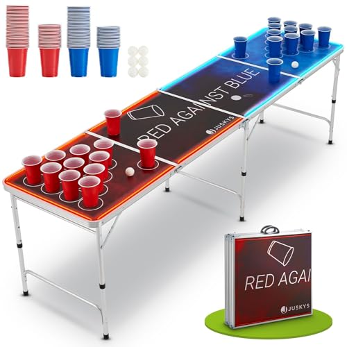 Juskys Partyspiel Tisch Red vs. Blue klappbar mit LED Beleuchtung - Wurfspiel Set inkl. 100 Becher (50 Rot & 50 Blau) & 6 Bälle - Alu Gestell, bis 50 kg belastbar - Rot, Blau von Juskys