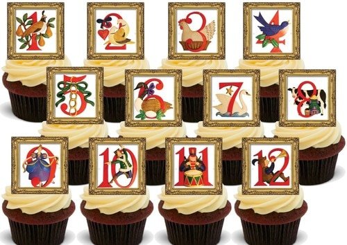 12 Tage Weihnachten gerahmt - 12 essbare hochwertige stehende Waffeln Kuchen Toppers, 12 days of Christmas framed- Standups 12 Edible Standup Premium Wafer Cake Toppers von Just Party Supplies