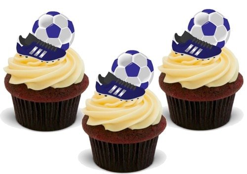 Fußballschuh & Ball BLAU – 12 essbare hochwertige stehende Waffeln Karte Kuchen Toppers Dekorationen, Football Boot & Ball BLUE - 12 Edible Stand Up Premium Wafer Card Cake Toppers Decorations von Just Party Supplies