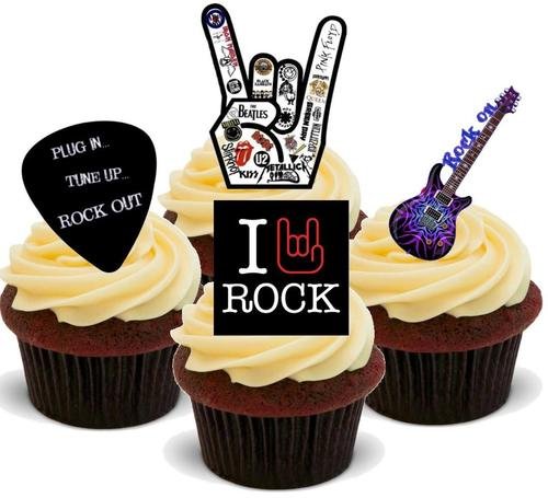 Ich liebe Rock Music Mix - 12 essbare hochwertige stehende Waffeln Karte Kuchen Toppers Dekorationen, I Love Rock Music Mix - 12 Edible Stand Up Premium Wafer Card Cake Toppers Decorations von Just Party Supplies