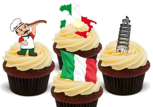 Italien Italienisch Spaß Mix - 12 essbare hochwertige stehende Waffeln Karte Kuchen Toppers Dekorationen, Italy Italian Fun Mix - 12 Edible Stand Up Premium Wafer Card Cake Toppers Decorations von Just Party Supplies