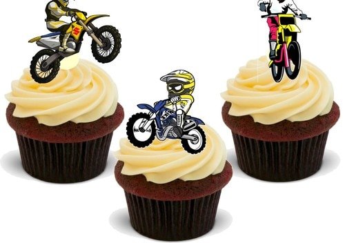 MotoCross Cartoon Trio Mix - 12 essbare hochwertige stehende Waffeln Karte Kuchen Toppers Dekorationen, MotoCross Cartoon Trio Mix - 12 Edible Stand Up Premium Wafer Card Cake Toppers Decorations von Just Party Supplies