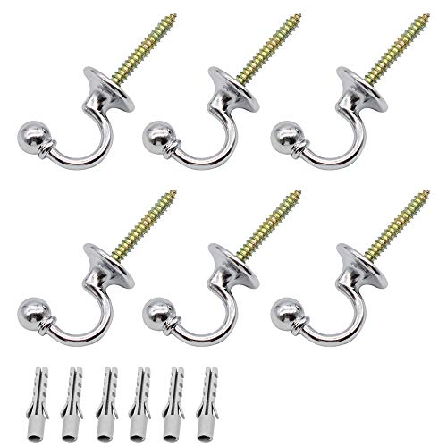 YGSAT 6 Stück Vorhang Raffhalter Haken Vorhang Halter Raffhalter Gardinenhalter Ball End Raffhalter Haken U Haken Wandhaken Zum Schrauben Multi Use Wandhaken Kleiderbügel Silber von JustYit