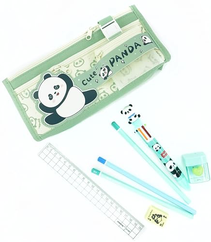 Justine ZSR Schulbedarf-Set – 1 Panda-Federmäppchen, 3 Cayons, 1 Lineal von 20 cm, 1 Panda-Stift in 6 Farben, 1 Radiergummi und 1 Anspitzer von Justine ZSR