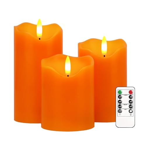 Justup LED-Kerzen, Set von 3 Flackernde LED Kerzen mit Fernbedienung und Timer, dimmbare LED Säulen Kerzen batteriebetrieben, elektrische Kerzen für Herbst Halloween Thanksgiving Dekor (Orange) von Justup