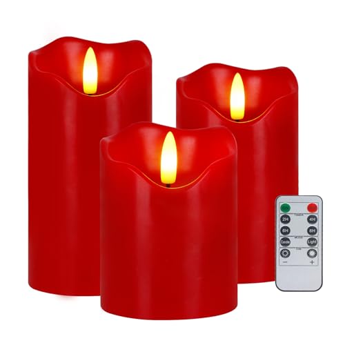 Justup LED-Kerzen, Set von 3 Flackernde LED Kerzen mit Fernbedienung und Timer, dimmbare LED Säulen Kerzen batteriebetrieben, elektrische Kerzen für Herbst Halloween Thanksgiving Dekor (Rot) von Justup