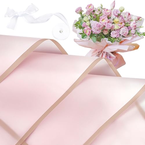 Jutieuo 20 Blatt Blumen-Geschenkpapier Floristenstrauß Zubehör Wasserdichtes Blumen-Geschenkpapier mit Band, 57,9 x 57,9 cm (Pink) von Jutieuo