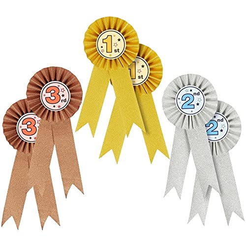 Juvale Rosetten für Gewinner (Set, 6 Stück) - Turnierschleifen 1, 2. und 3. Platz – Ideal für Sportveranstaltungen, Tiershows, Kochwettbewerbe, Talentshows - Gold, Silber, Bronze von Juvale