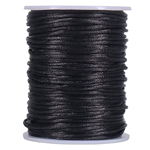 Juwaacoo Rattenschwanz-Polyester-Kordel, Satin, 295 Füße, 2 mm, schwarze Perlenkette, für Makramee-Armbänder, Kunst und von Juwaacoo